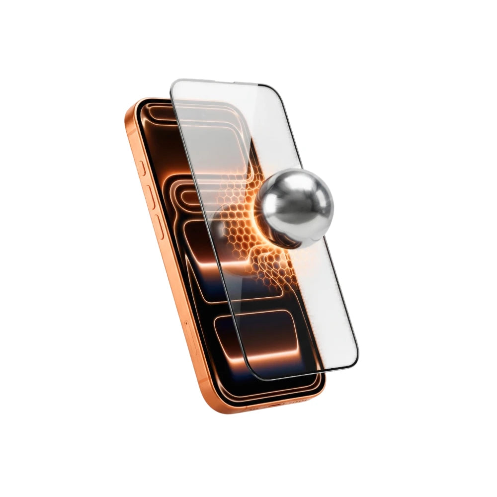 Película de vidro safira X-ONE para iPhone resistindo a impacto de esfera de aço
